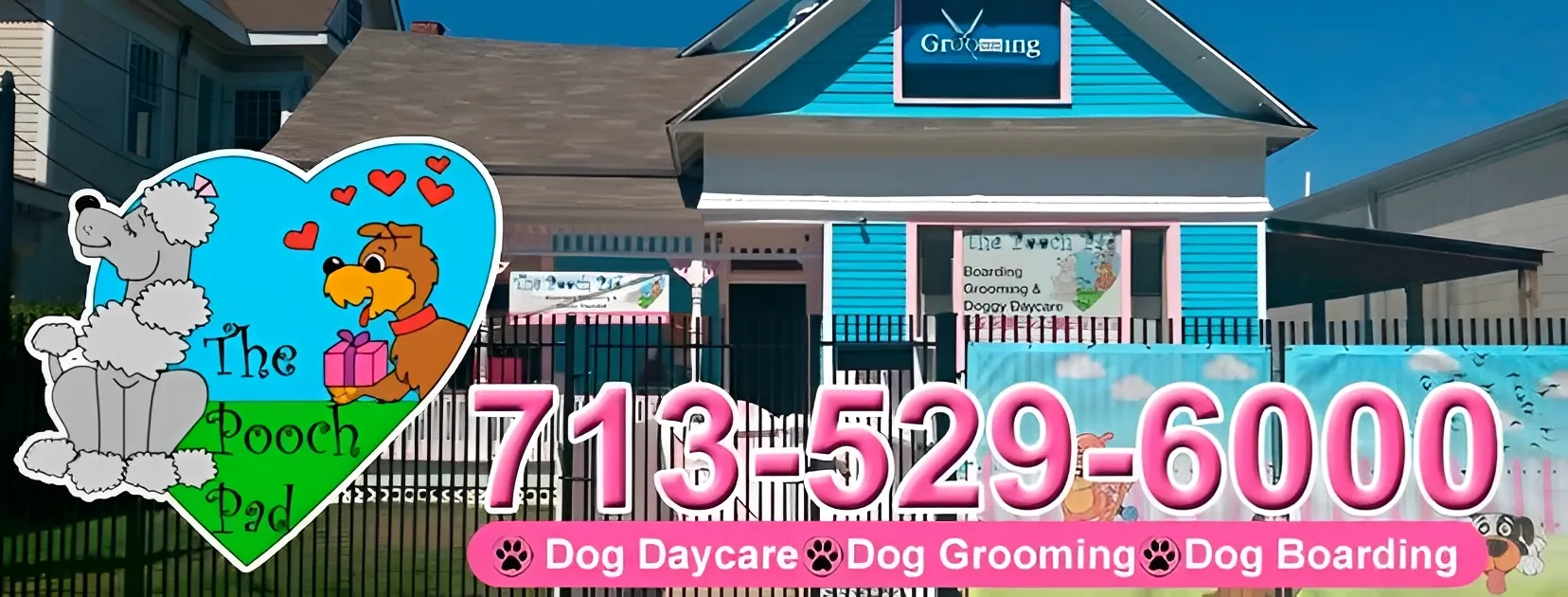 Dog daycare and grooming service building exterior.