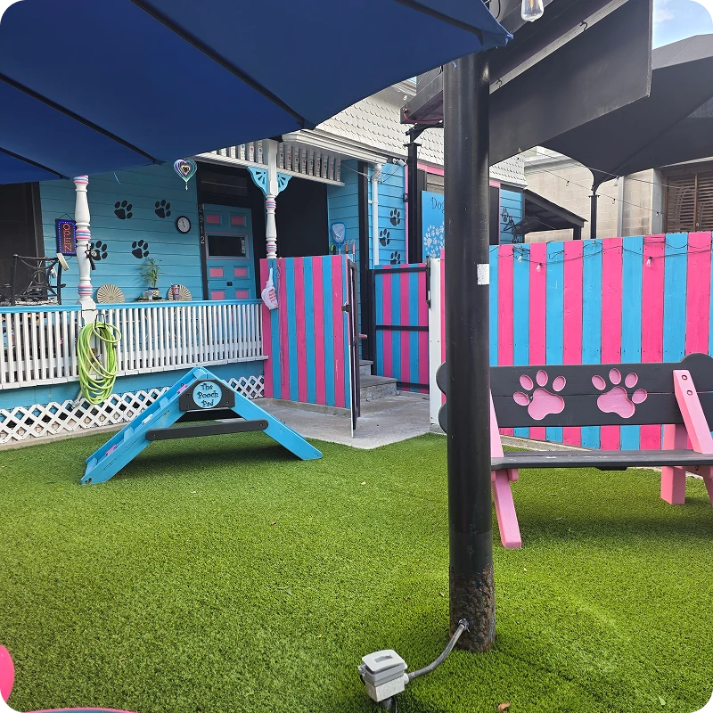 Outdoor play yard with blue and pink decor.